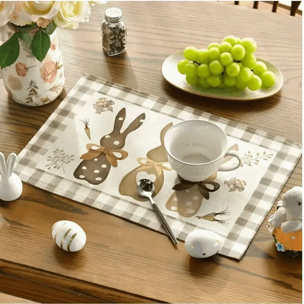Brand New Nude Tone Linen Buffalo Plaid Easter Bunny Placemats - Set of 4